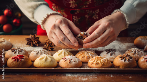 Christmas Festive Delights Close up of hands arranging cookies, food, dough, cooking, bread, cake, kitchen, baking, flour, christmas, making, cookie, bakery, pastry, sweet, hand, dessert, cookies