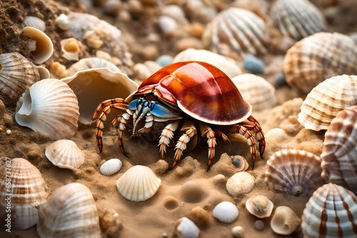 Create a close-up of a hermit crab inside its seashell home