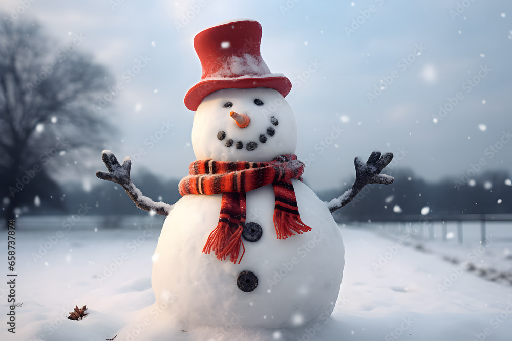 Merry christmas and happy new year greeting card with copy-space.Happy snowman standing in christmas landscape.Snow background.Winter fairytale.
