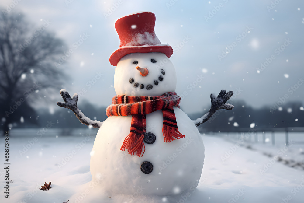 Fototapeta premium Merry christmas and happy new year greeting card with copy-space.Happy snowman standing in christmas landscape.Snow background.Winter fairytale.