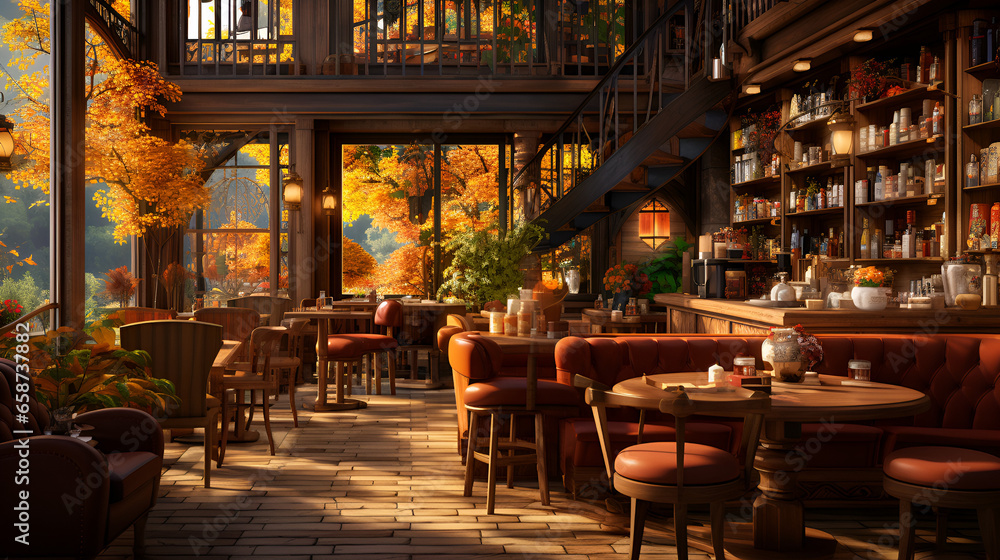 Autumn Cozy Coffee Shop Ambience, a wood stove, in a fresh, modern style, dieselpunk, noon time sunlight enters the room. Classic golden wood color, architectural chic, with potted plants, flower pots