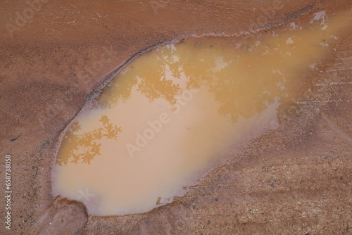 Close-up of earthy and muddy puddle on wet dirt road