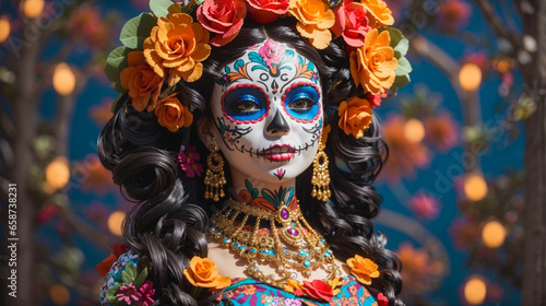 Calavera Catrina elegant and ornamental, with a colorful dress, flowers in her hair and a warm smile, representing joy in the celebration of life and death