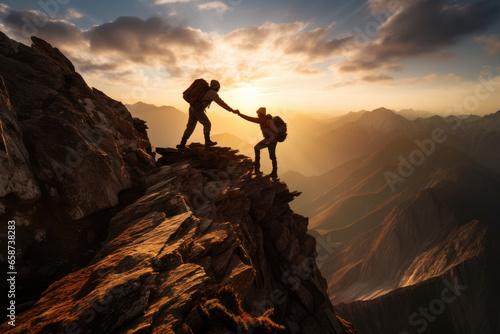 Two people helping each other to climb up a mountain top