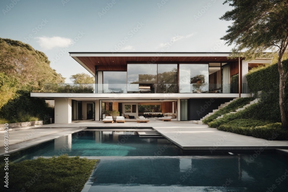 Fototapeta premium Modern cozy house with pool and parking for sale or rent in luxurious style and beautiful landscaping on background.