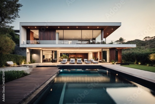 Modern cozy house with pool and parking for sale or rent in luxurious style and beautiful landscaping on background. © Viewvie