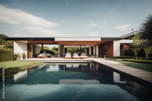 Modern cozy house with pool and parking for sale or rent in luxurious style and beautiful landscaping on background. © Viewvie