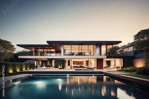 Modern cozy house with pool and parking for sale or rent in luxurious style and beautiful landscaping on background. © Viewvie