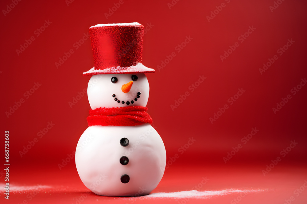 Merry christmas and happy new year greeting card with copy-space.Happy snowman standing in christmas landscape.Snow background.Winter fairytale.