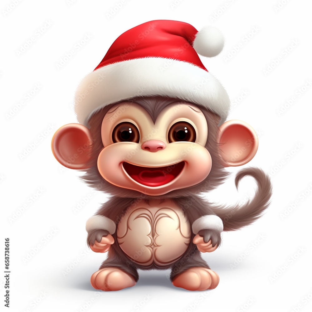 Kawaii cute monkey in Santa hat at Christmas Kawaii cute monkey in Santa hat at Christmas
