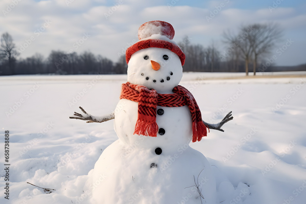 Merry christmas and happy new year greeting card with copy-space.Happy snowman standing in christmas landscape.Snow background.Winter fairytale. Merry christmas and happy new year greeting card with copy-space.Happy snowman standing in christmas landscape.Snow background.Winter fairytale.
