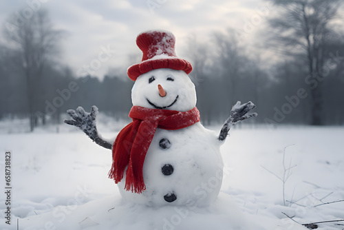 Merry christmas and happy new year greeting card with copy-space.Happy snowman standing in christmas landscape.Snow background.Winter fairytale. © Werckmeister