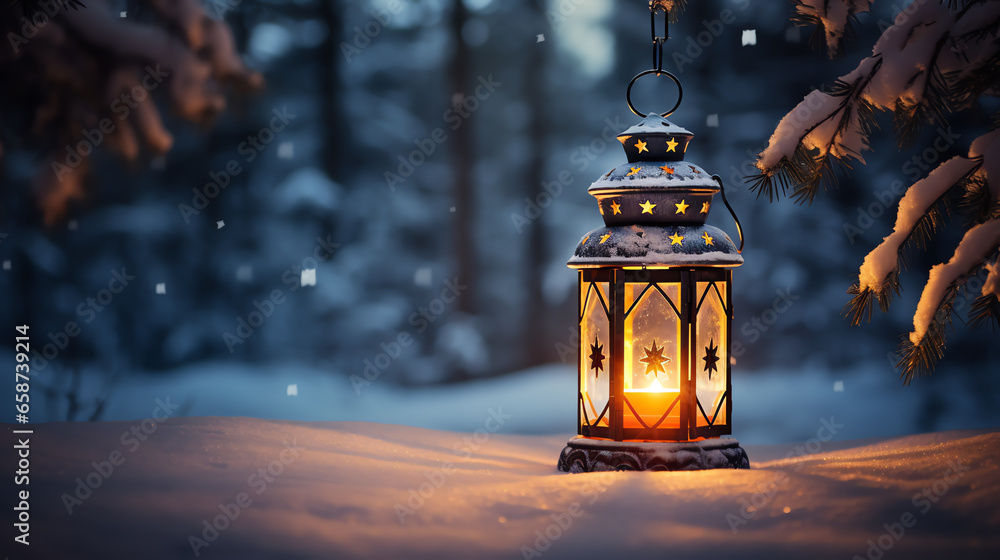 Christmas lantern light on snow background with fir branch in evening scene Christmas lantern light on snow background with fir branch in evening scene