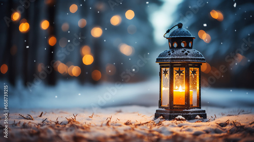 Christmas lantern light on snow background with fir branch in evening scene