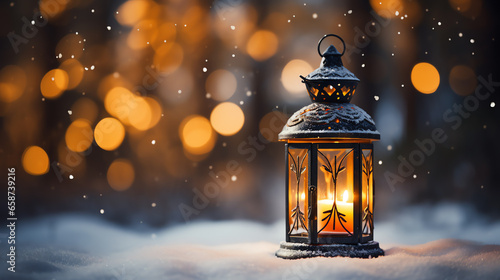 Christmas lantern light on snow background with fir branch in evening scene