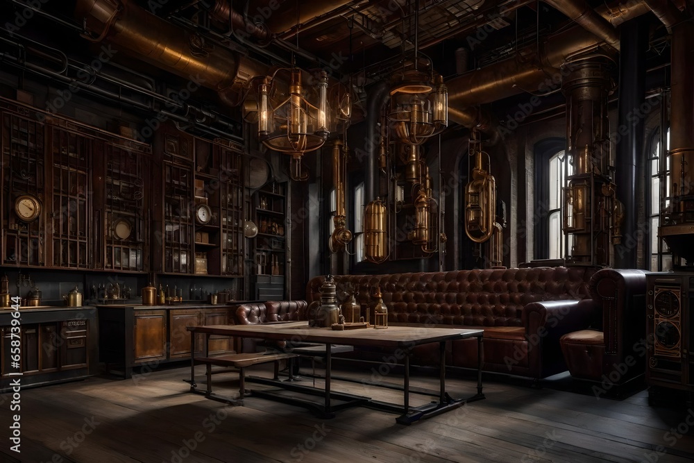 influence of the steampunk subculture on industrial interior design. Explore the incorporation of Victorian-era elements into modern industrial spaces.