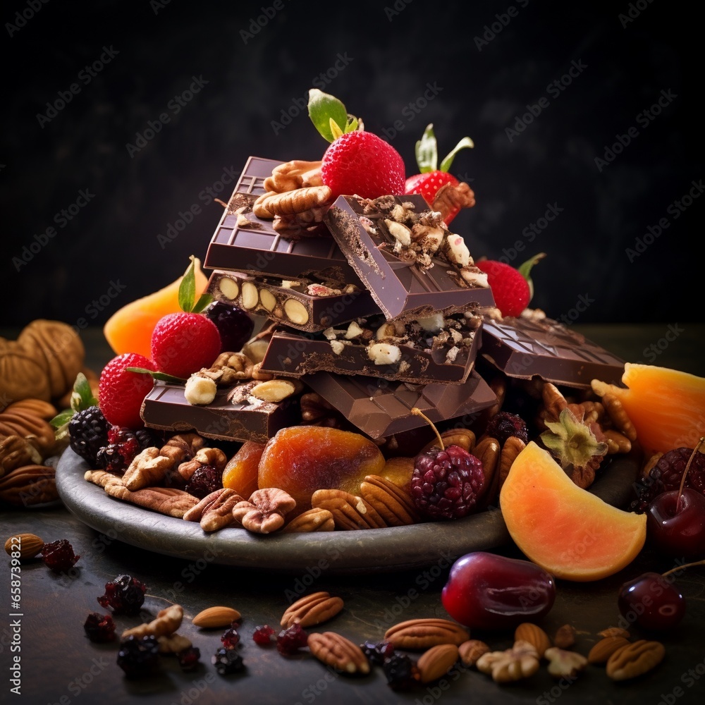 Chocolate with fruit and Nuts. Generative AI.