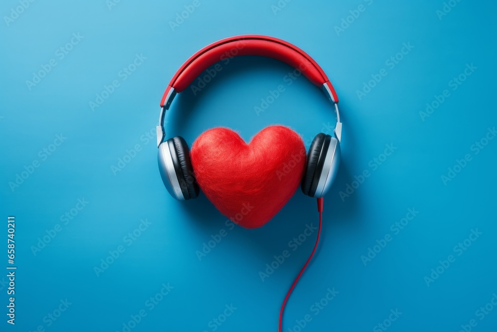 Photo of a red heart-shape wearing headphones on a vibrant blue background - Love for music concept - created with Generative AI technology