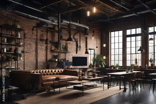 rustic industrial loft apartment with  brick walls and vintage furnishings.