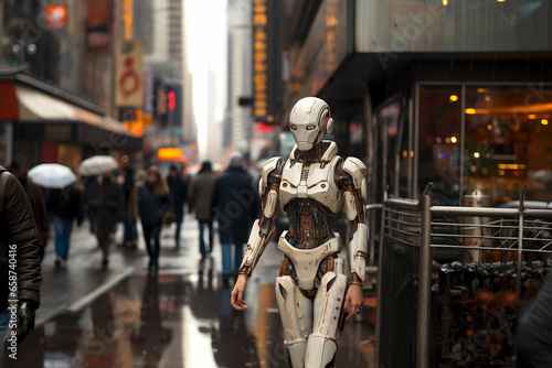 Futuristic innovation digital world artificial intelligence technology concept. Cyborg humanoid metal human-like robot machine walking down the city street among the people