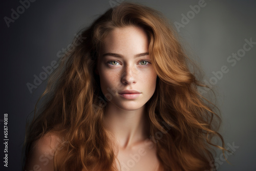 Portrait of beautiful young model photo on solid studio background