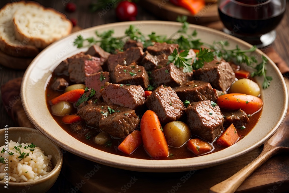 Top-View Beef Meat Stew in Red Wine Sauce with Ample Copy Space dinner, dish, healthy, plate, fried, spicy, cooked.