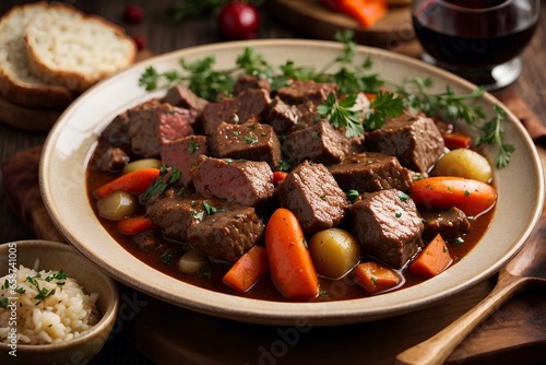 Top-View Beef Meat Stew in Red Wine Sauce with Ample Copy Space dinner, dish, healthy, plate, fried, spicy, cooked.