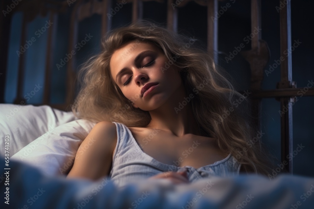 A peaceful morning scene with a young woman sleeping in her comfortable white bedroom, enjoying a restful and serene slumber A peaceful morning scene with a young woman sleeping in her comfortable white bedroom, enjoying a restful and serene slumber
