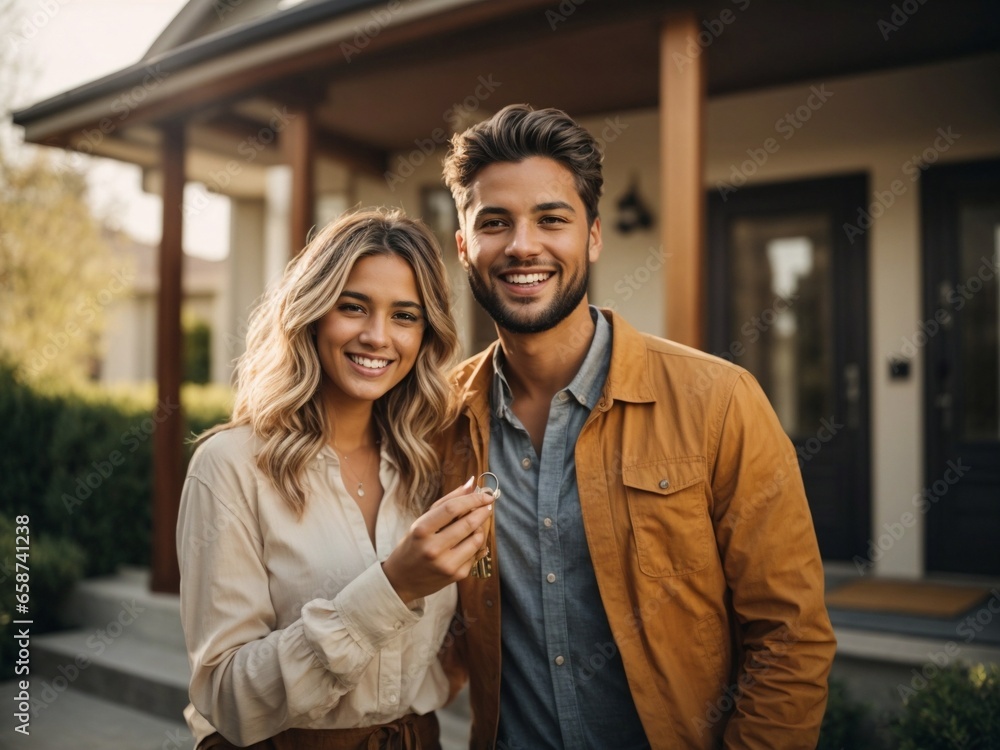 A happy young couple stands outside their new house, holding the keys to their home. Their faces are lit up with joy and anticipation.