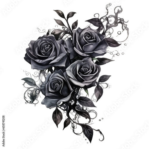 Bouquet of black roses, gothic. Isolated on white background