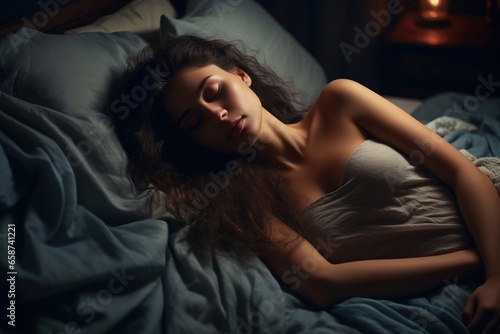 A peaceful morning scene with a young woman sleeping in her comfortable white bedroom, enjoying a restful and serene slumber