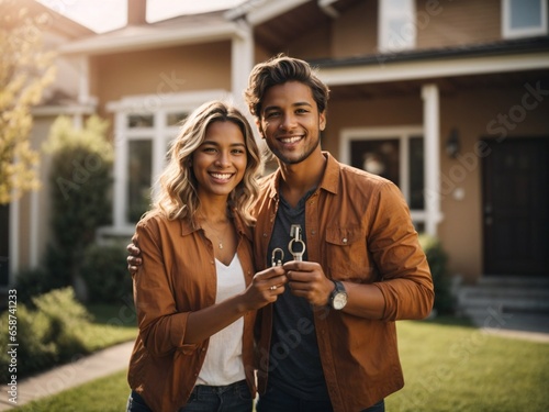 A happy young couple stands outside their new house, holding the keys to their home. Their faces are lit up with joy and anticipation. © John Vogia