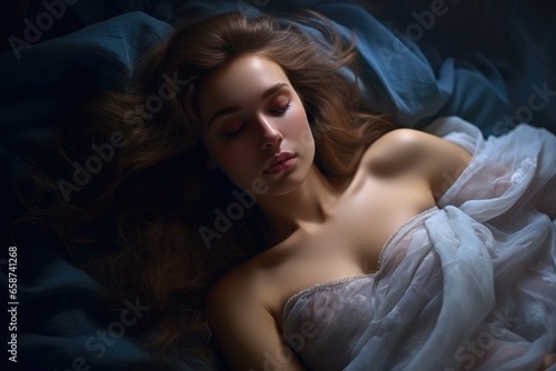 A peaceful morning scene with a young woman sleeping in her comfortable white bedroom, enjoying a restful and serene slumber