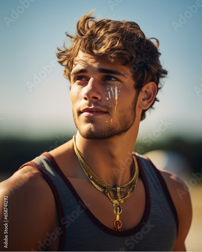 Portrait of a young man on the beach wearing a tank top and a golden necklace with gold leaf on cheek in a sunny day
