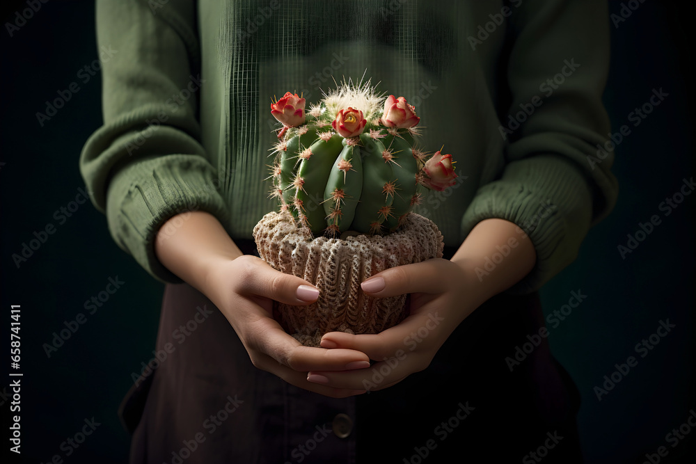 Closeup of cactus in woman's hands on dark background. Young woman holding cactus in pot on color background