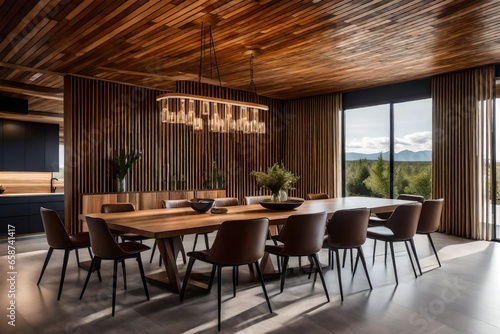 Transport yourself to a sleek  modern dining room where brown leather chairs complement a wooden table beneath an abstract wood ceiling. How does the design evoke simplicity and elegance.