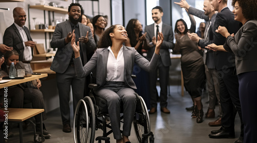 Diverse business people, teamwork colleagues having, social inclusion with disabled person friends talk,happy businesswoman in wheelchair going through reports while working female.