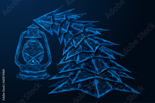 An old lantern hanging from the top of a leaning Christmas tree. Polygonal design of interconnected elements. Blue background.