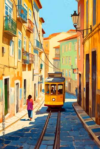 Illustration of a portuguese city with a tram, Portugal