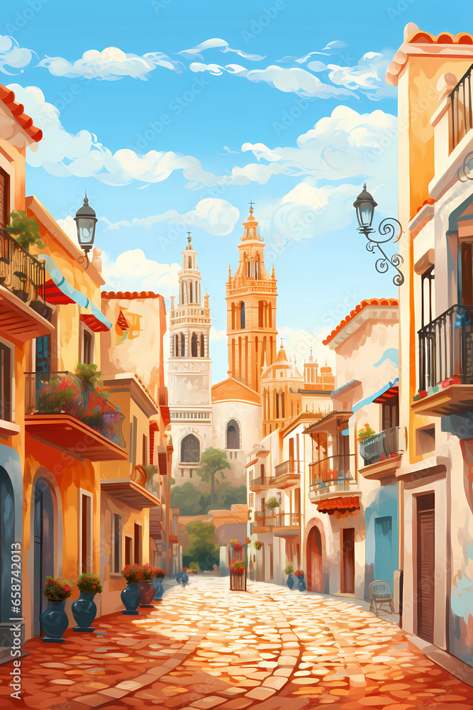 Fototapeta premium Illustration of beautiful view of the city of Sevilla, Spain