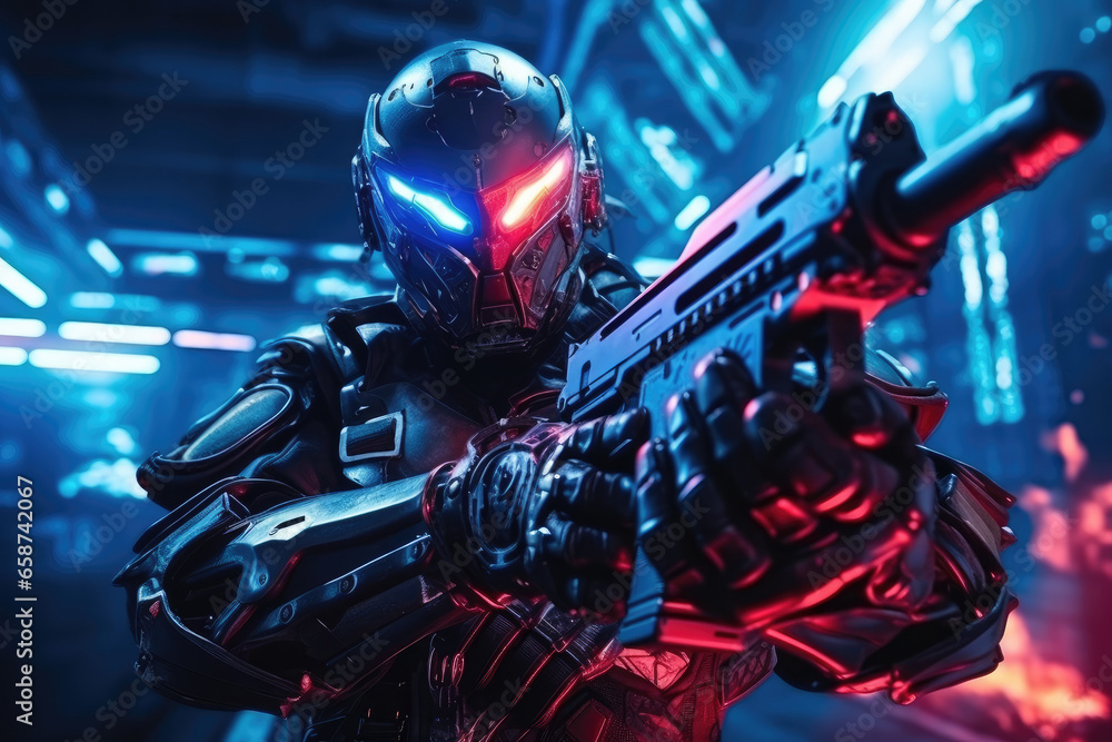  In a futuristic world, a cybernetic soldier, equipped with high-tech helmet and weapon, stands ready for action under the blue neon glow, blending science fiction and warfare - obrazy, fototapety, plakaty 