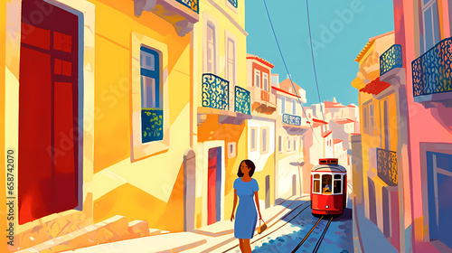 Illustration of a portuguese city with a tram, Portugal