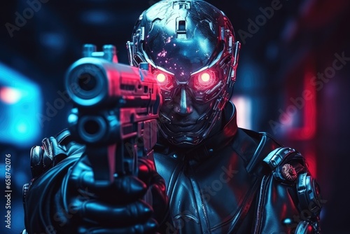  In a futuristic world, a cybernetic soldier, equipped with high-tech helmet and weapon, stands ready for action under the blue neon glow, blending science fiction and warfare © AiAgency