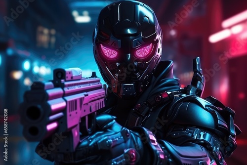  In a futuristic world, a cybernetic soldier, equipped with high-tech helmet and weapon, stands ready for action under the blue neon glow, blending science fiction and warfare © AiAgency