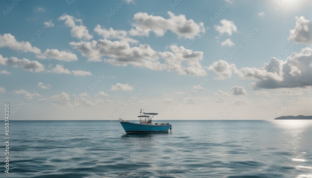 Boat in ocean water against blue sky.