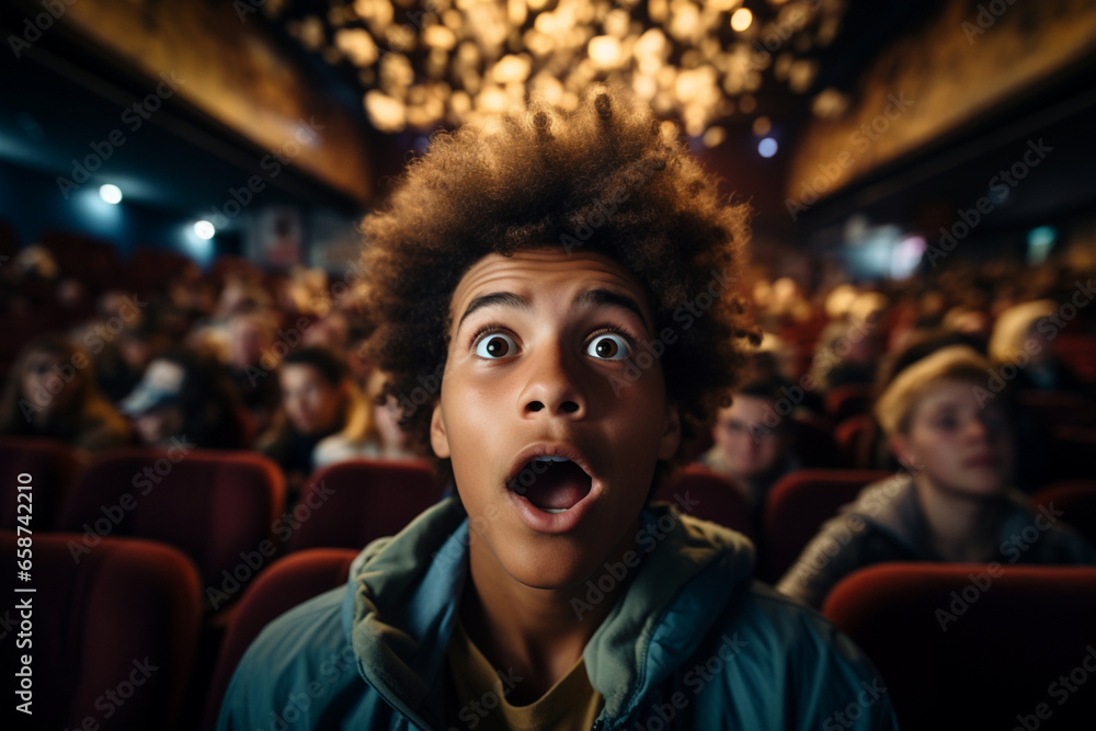 African American young student scared shocked or impressed with movie. Enjoy watching horror movie or thriller in the cinema hall. Bright facial expression, human emotions concept