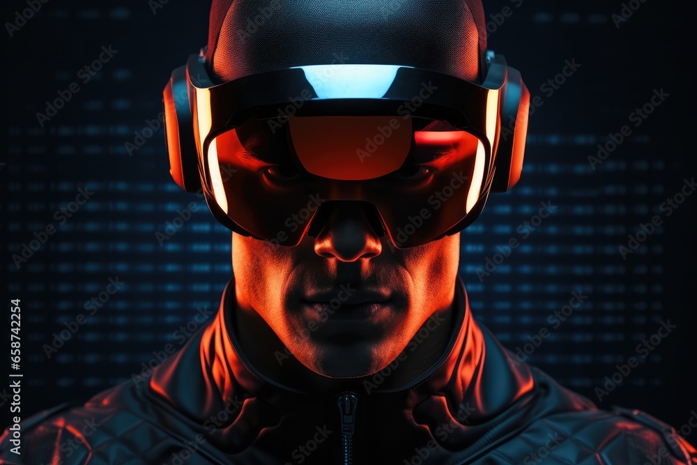 Immersed in the future, a young man wearing futuristic virtual reality glasses explores a vibrant digital world, merging innovation and style in a neon-lit cyber journey