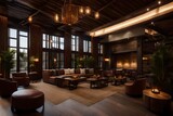 rustic-themed boutique hotel lobby that welcomes guests with rustic elegance.