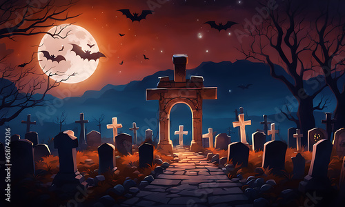 Halloween night mystery graveyard background with pumpkin photo
