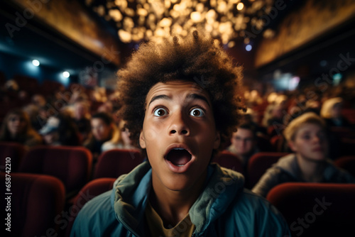 African American young student scared shocked or impressed with movie. Enjoy watching horror movie or thriller in the cinema hall. Bright facial expression, human emotions concept